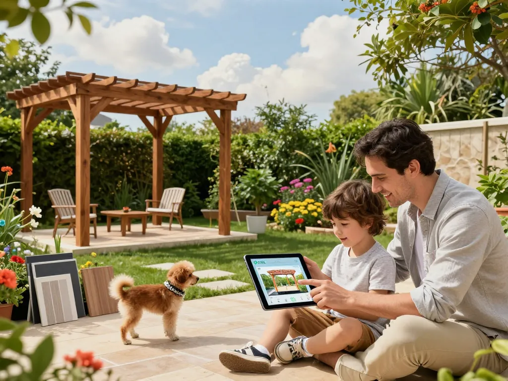 Family using a 3D Pergola Configurator in a sunny garden, showcasing customizable outdoor designs and materials.