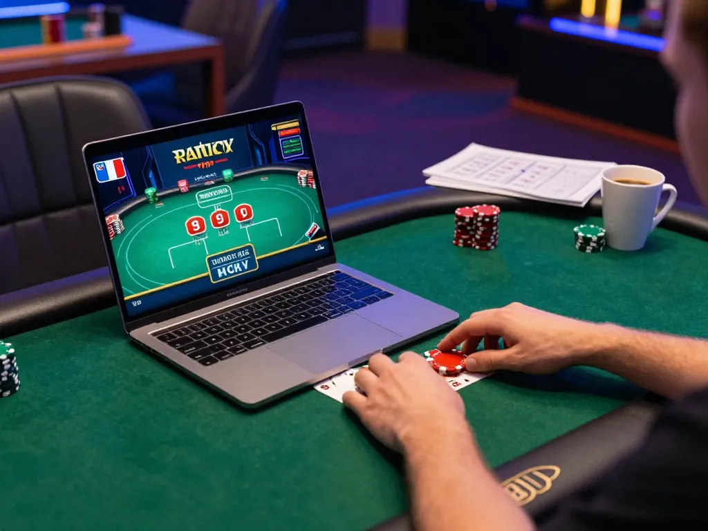 Engaging in online poker at Jun88 platform with a modern gaming setup and notes for strategy.