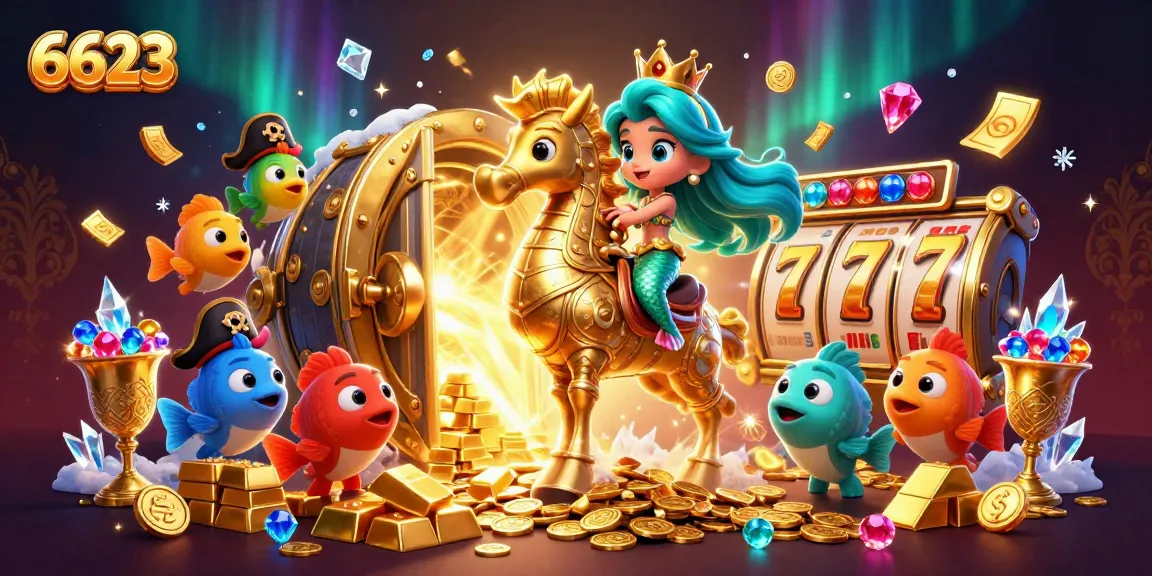 Engage with the thrilling world of 6623 slots, featuring royalty and treasure in a vibrant casino scene.