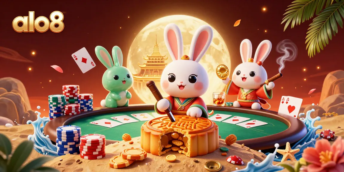 Experience the excitement of alo8 with colorful poker elements and enchanting moon rabbits.