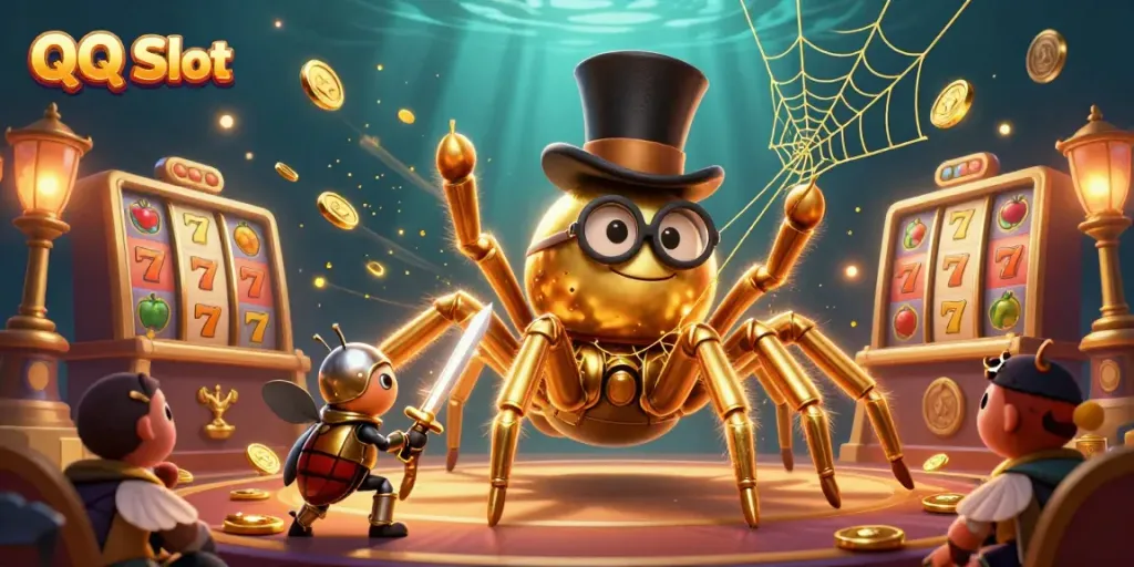 Engage with QQ Slot's thrilling adventure featuring a golden tarantula and brave beetle knight amidst dynamic slot elements.