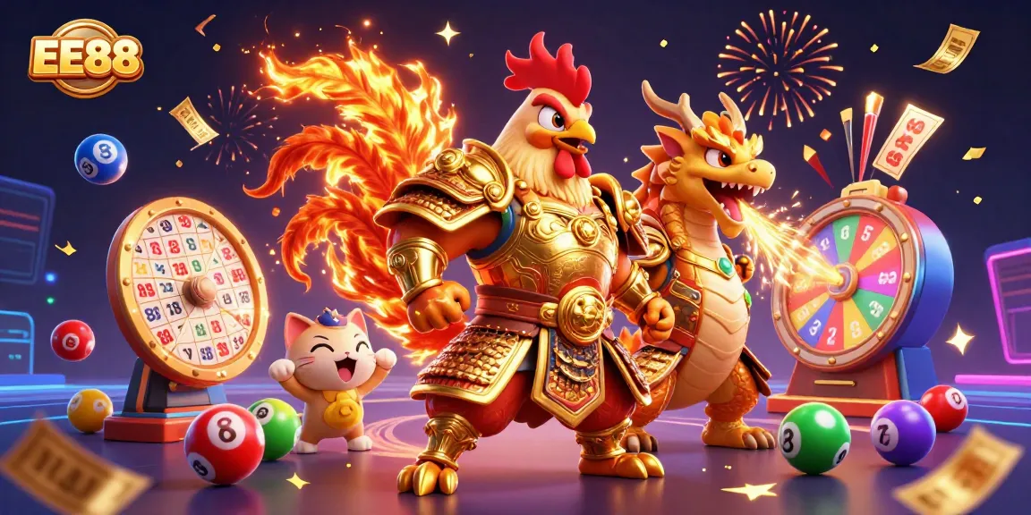 Experience the excitement of EE88 with a 3D illustration showcasing gaming elements and vibrant characters.