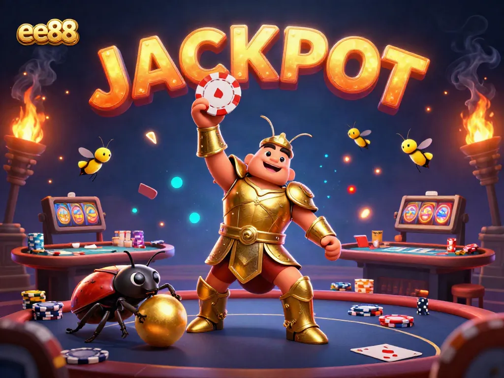 Experience the thrill of gambling with ee88 as a heroic beetle celebrates a big poker win!