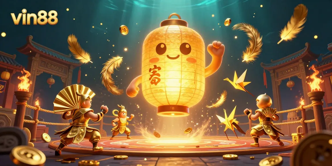 Win big with vin88 in a vibrant casino scene filled with lucky symbols and golden elements.