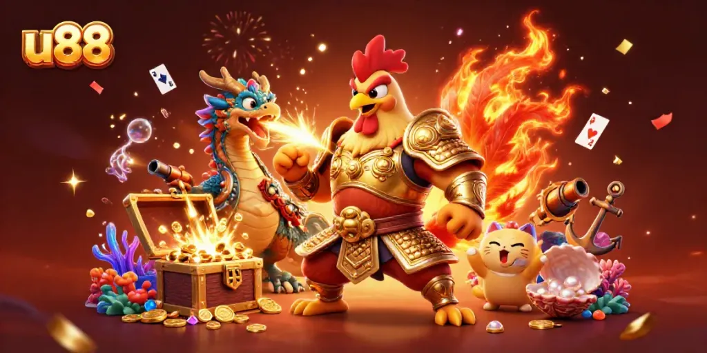 Experience thrilling gambling with the u88 gaming platform featuring a festive setting and vibrant characters.