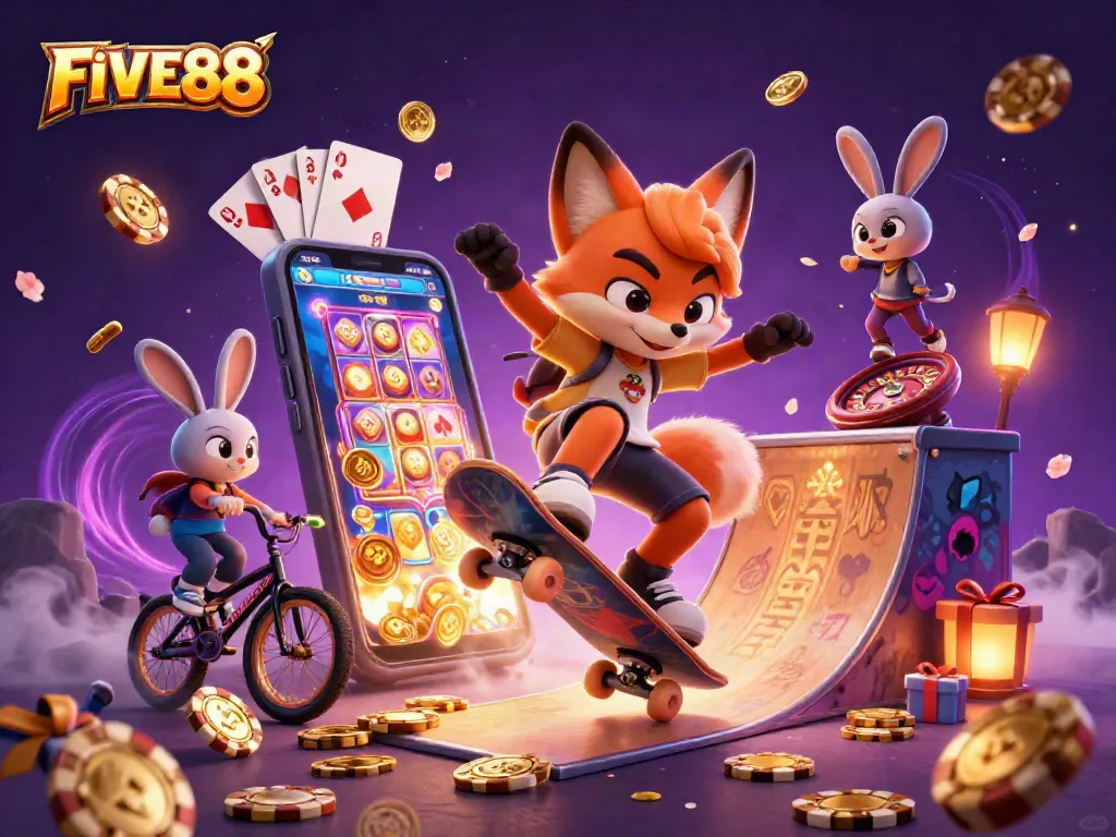 FIVE88 brings excitement with a 3D cartoon fox and rabbit in a lively casino scene.