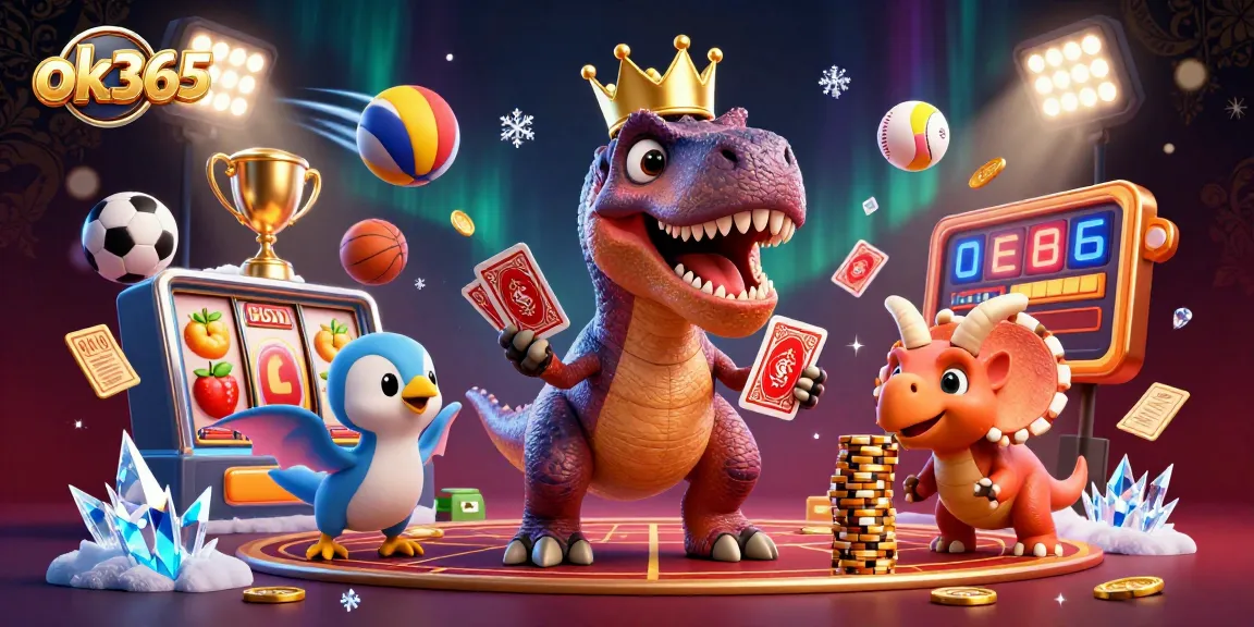 Join the fun at ok365 as a T-Rex plays cards in a vibrant casino scene with gold chips and sports balls.