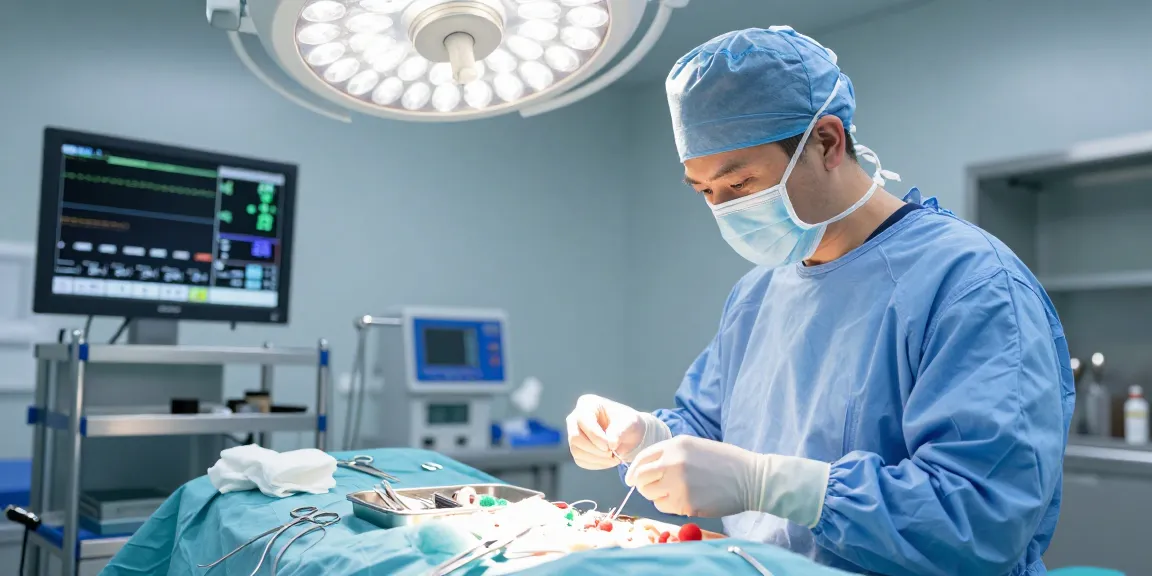 Sutures preparation by a surgeon in a bright operating room, showcasing essential surgical tools and needle threading.