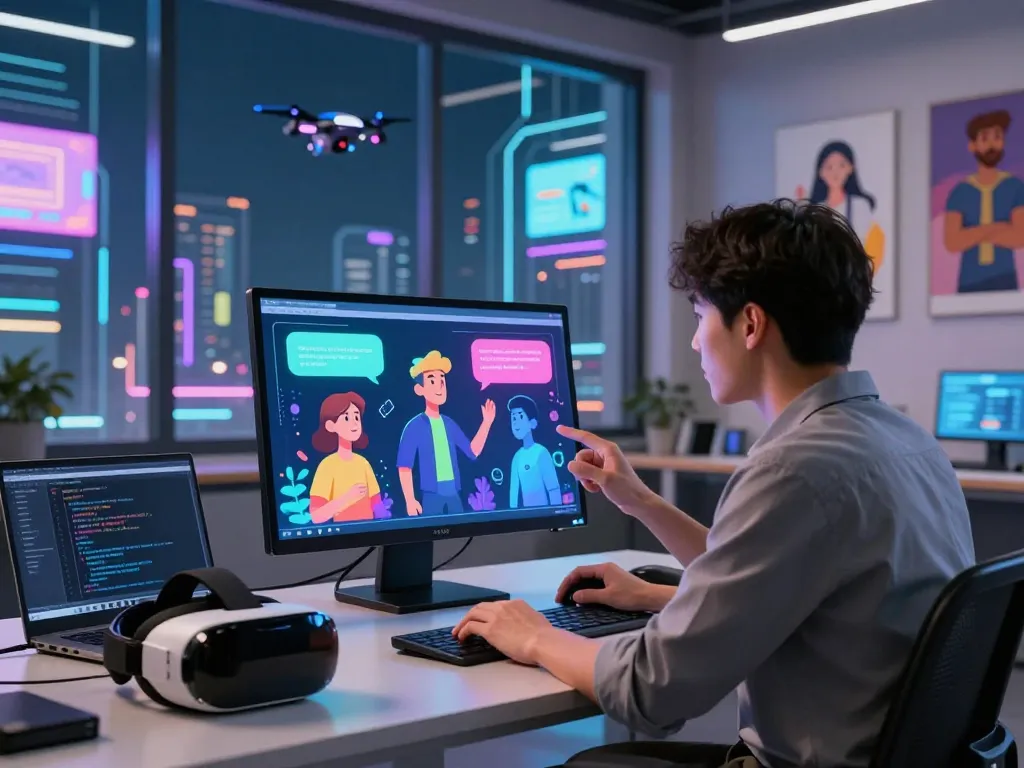 Engaging conversation with an AI character showcasing crushonai technology in a modern workspace.