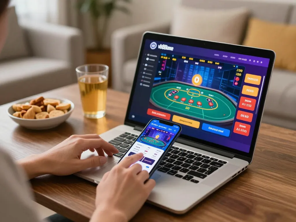 Engaged player exploring exciting vb88game features on mobile and laptop in a cozy setting