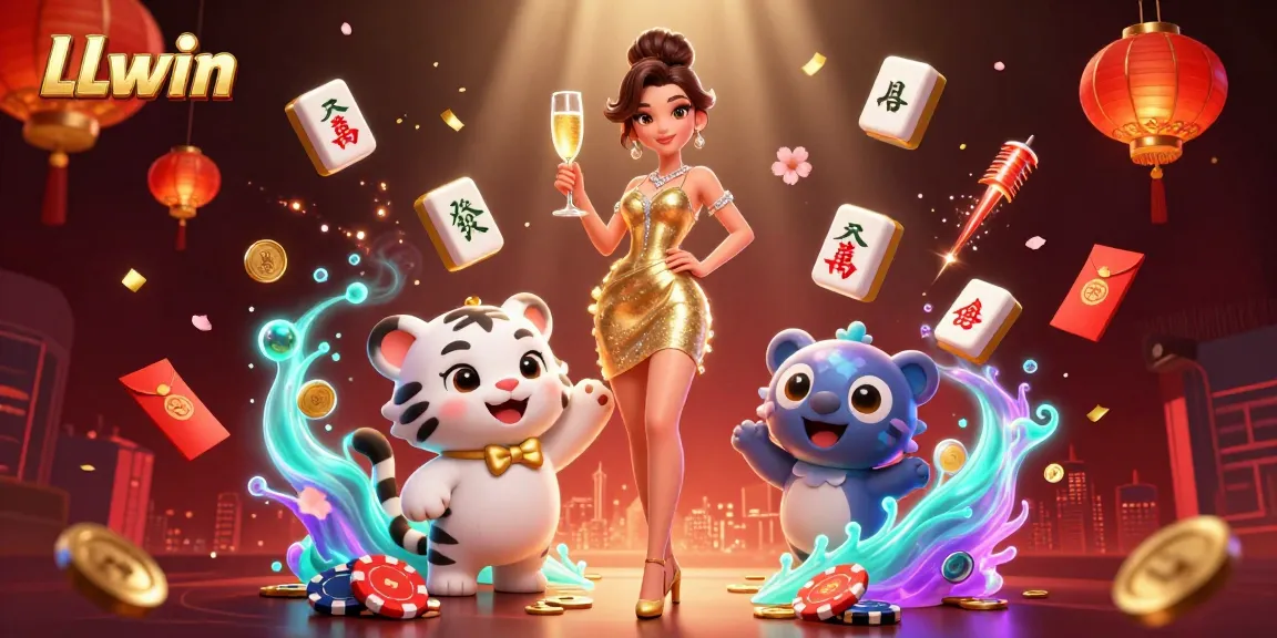 LLwin offers a vibrant casino atmosphere with a glamorous woman and a lucky tiger cub celebrating with poker chips.