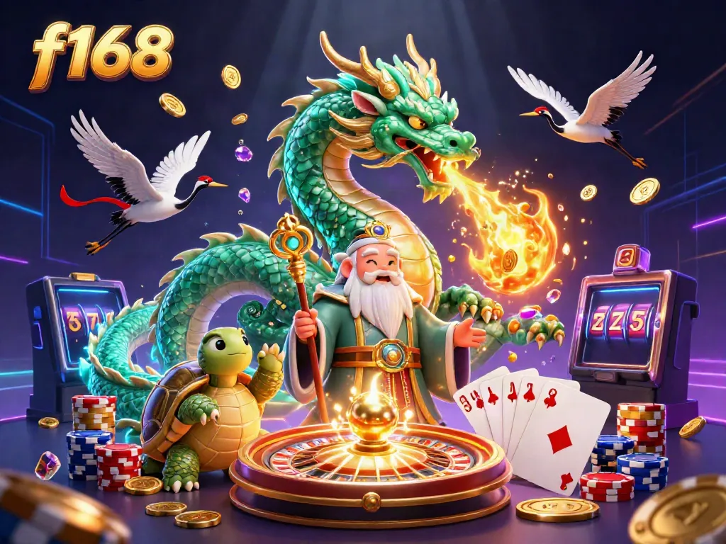 Playing slots with f168: a captivating 3D scene of a jade dragon, turtle sage, and lucky cranes amidst dynamic casino elements.