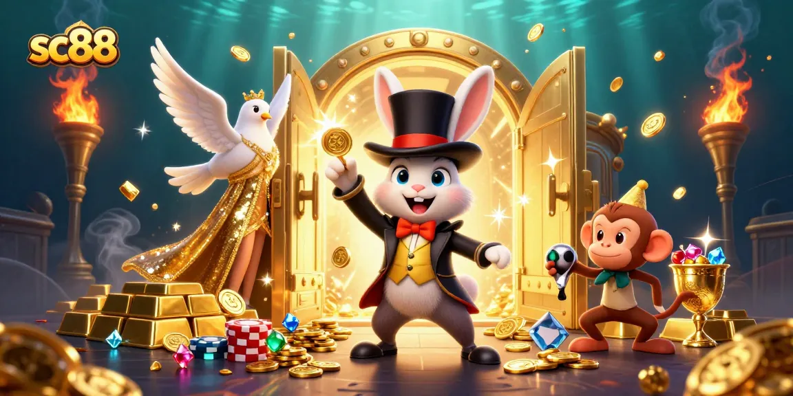 Experience the magic of sc88 as a rabbit pulls coins, surrounded by a casino treasure trove.