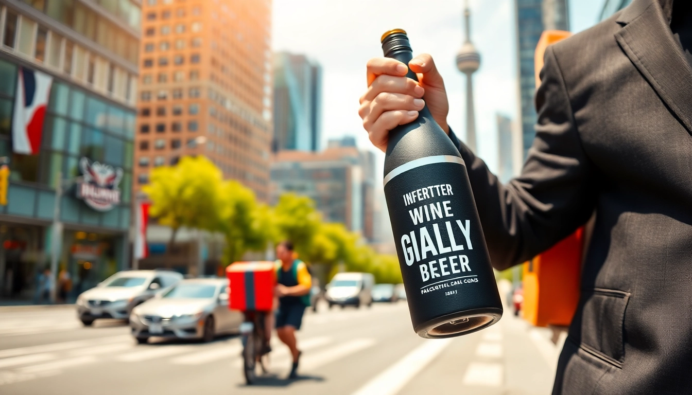 Order alcohol delivery Toronto from a stylish delivery person in a vibrant urban setting.