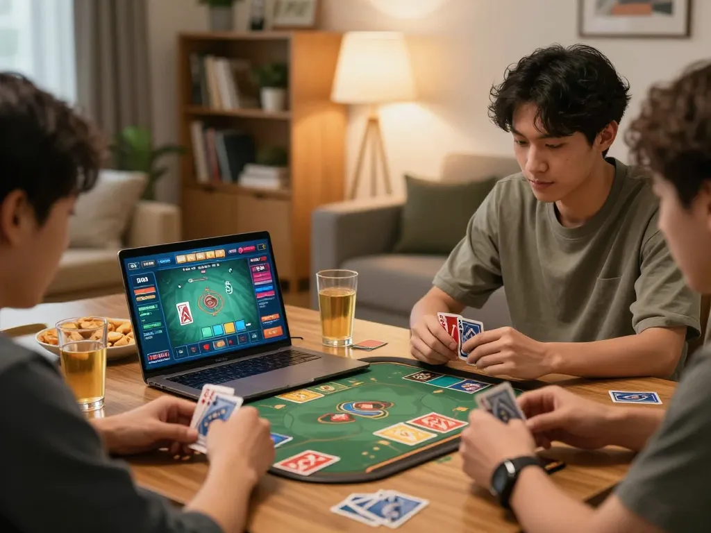 Players enjoying game đánh bài đổi thưởng online, showcasing strategic betting and game engagement in a cozy home setting