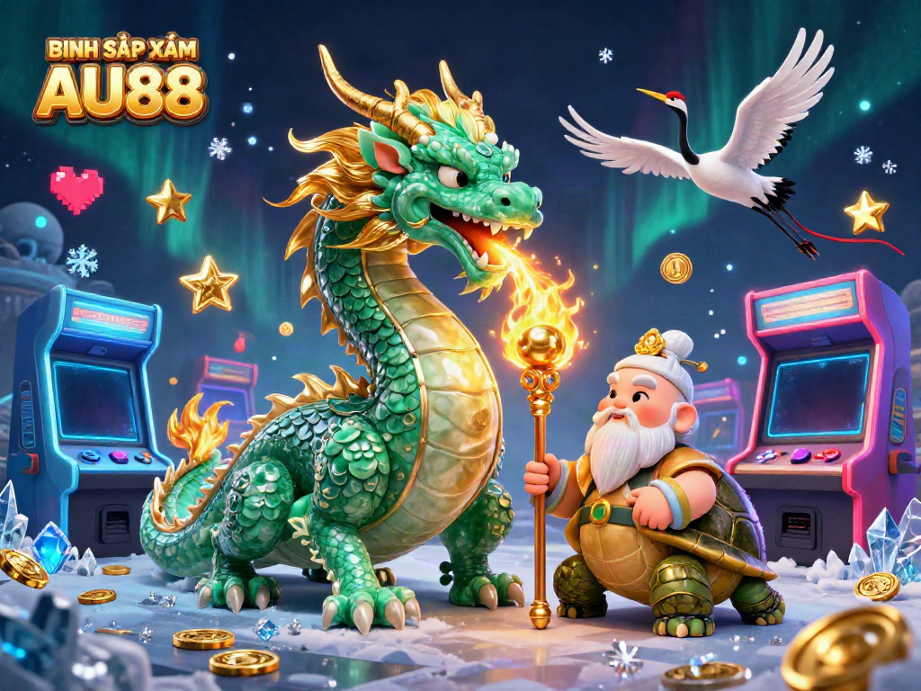 Binh Sập Xám AU88 showcases a dragon and wise turtle in a vibrant 3D casino setting.