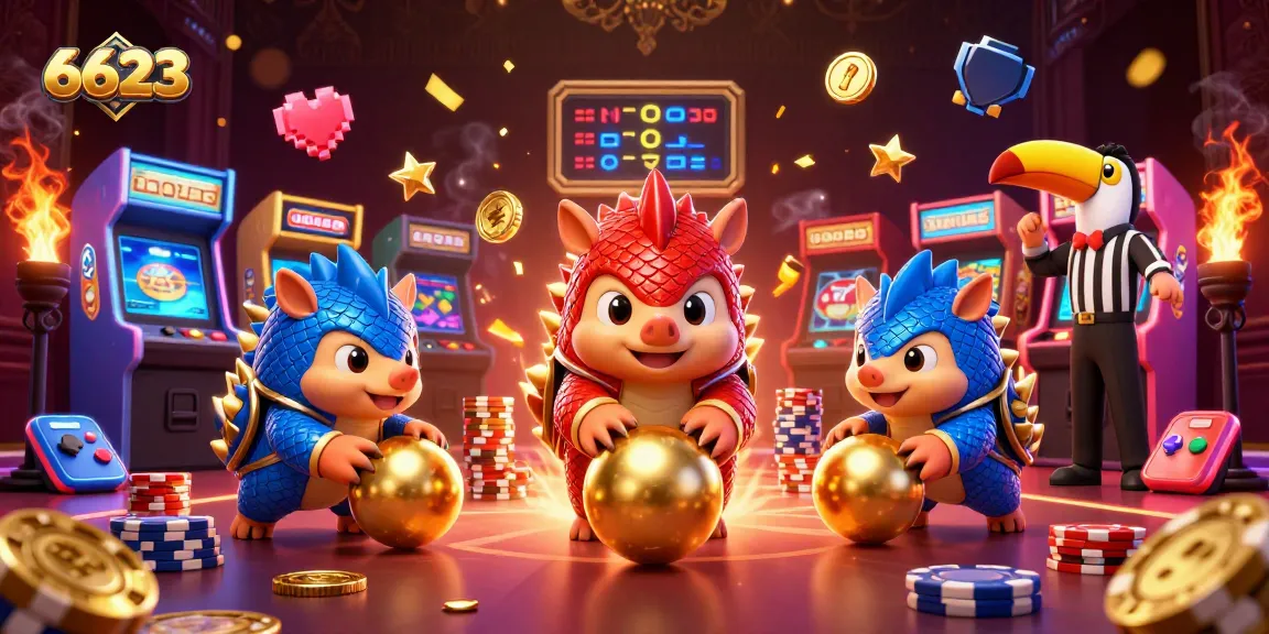 Engage with thrilling 6623 casino games featuring vibrant pangolins and colorful arcade machines.