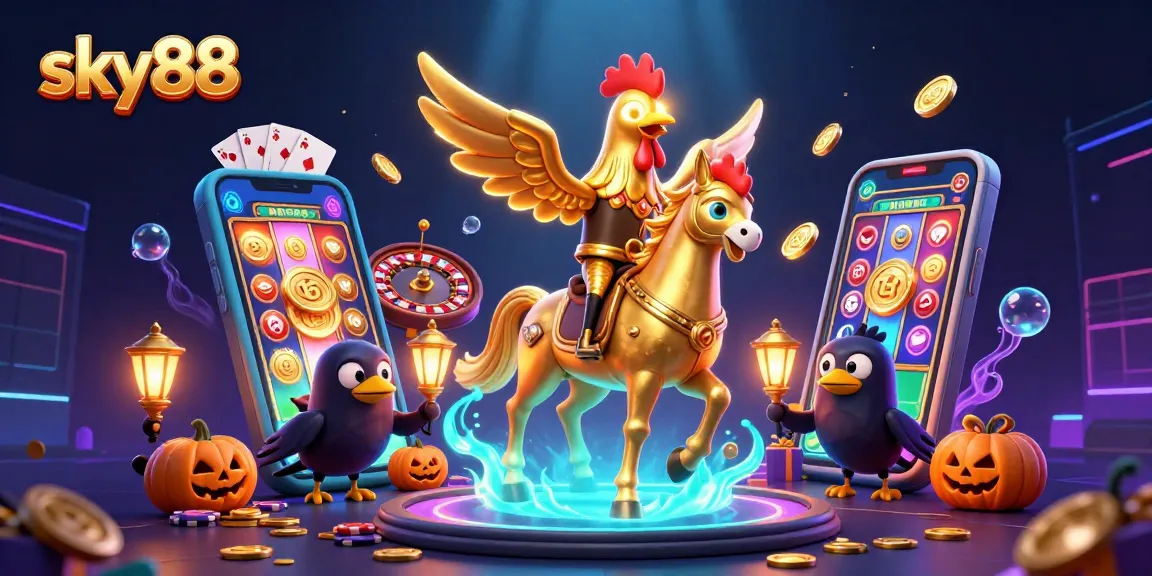 Sky88’s vibrant gaming experience showcased with a golden rooster character amid dynamic casino elements.