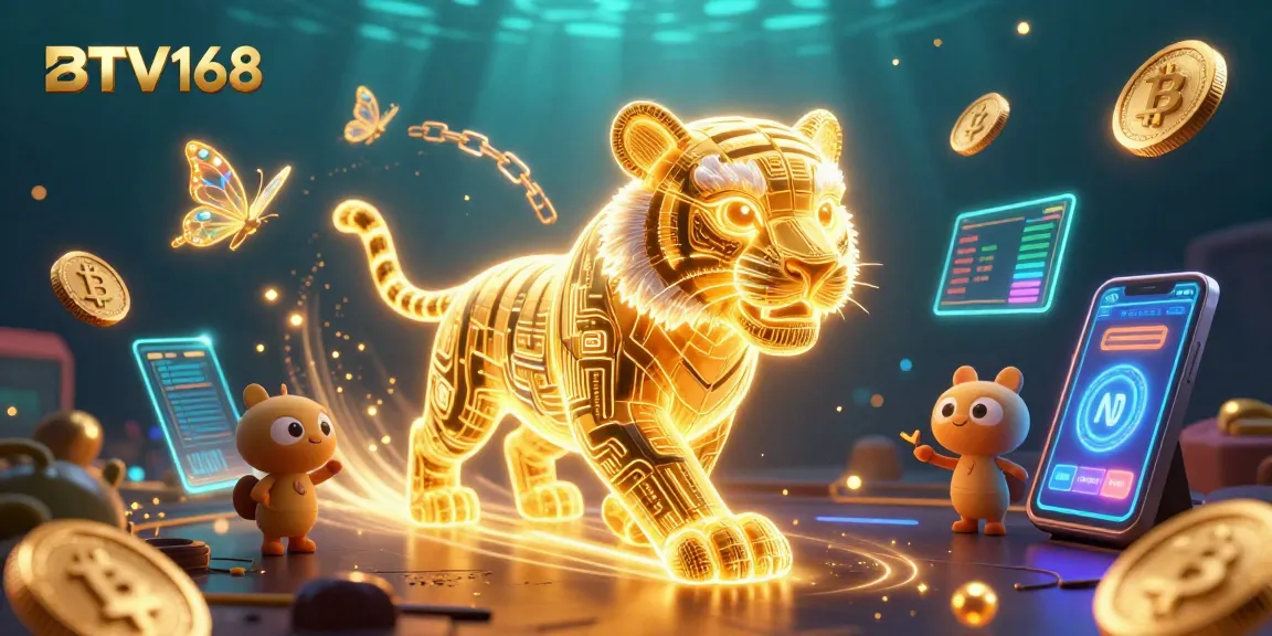 BTV168 ignites excitement in a dynamic digital casino scene featuring crypto coins and a neon tiger.