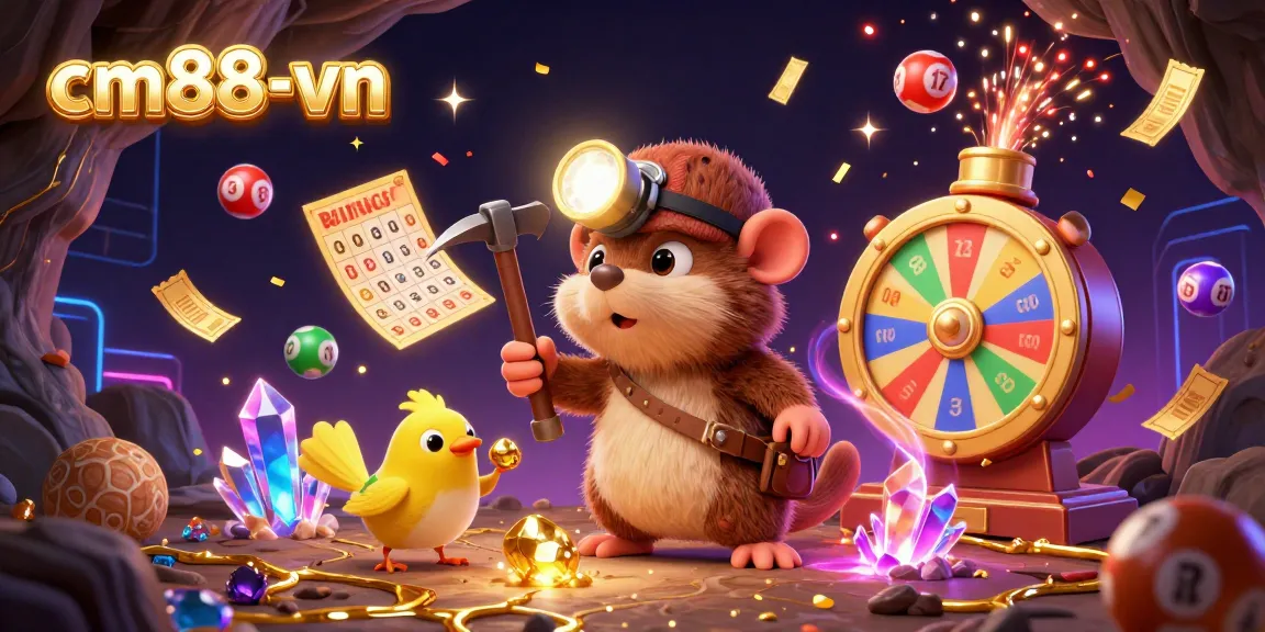 Engage in thrilling gameplay at cm88-vn featuring vibrant lottery elements and a treasure hunter scene.