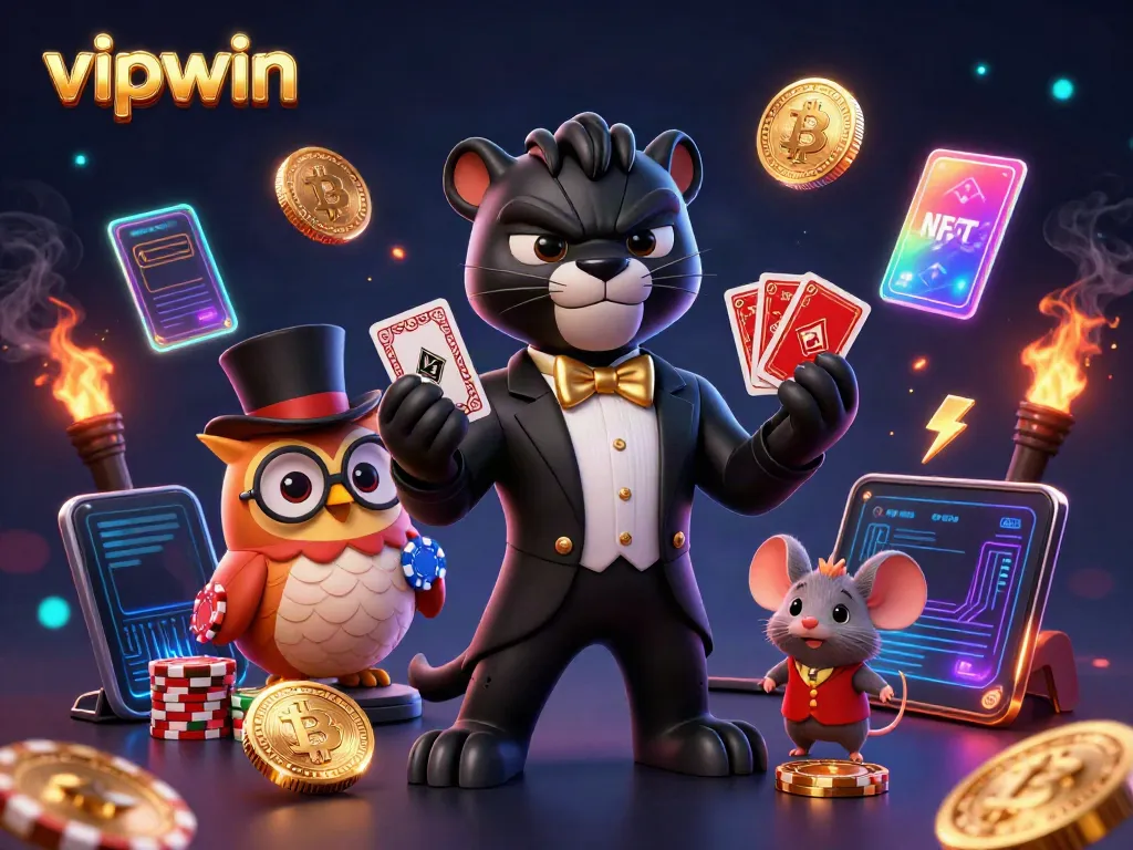 Engage in exhilarating poker games at vipwin with a stylish black panther dealer, surrounded by vibrant crypto tokens and gaming elements.