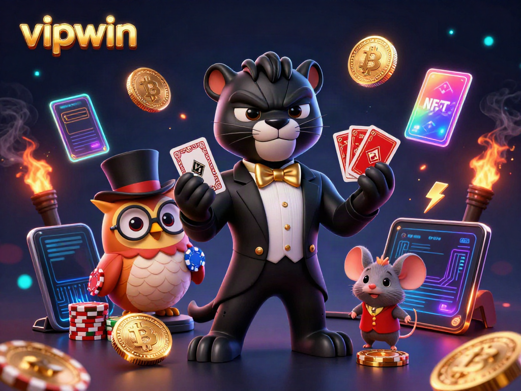 Engage in exhilarating poker games at vipwin with a stylish black panther dealer, surrounded by vibrant crypto tokens and gaming elements.