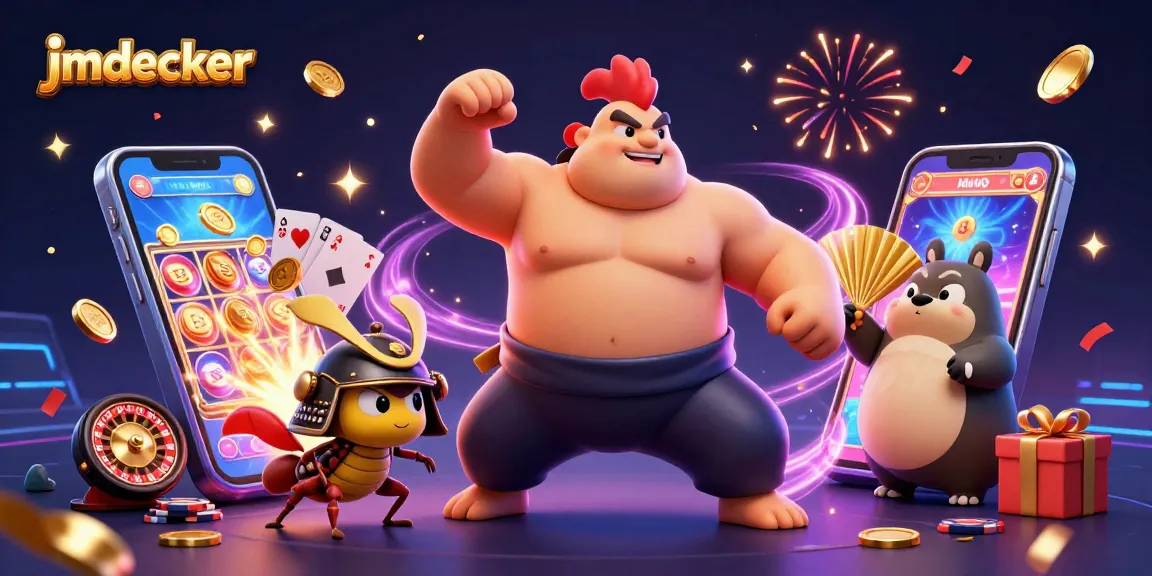 Win with jmdecker as sumo wrestler rooster and samurai cricket engage in vibrant slot gaming.