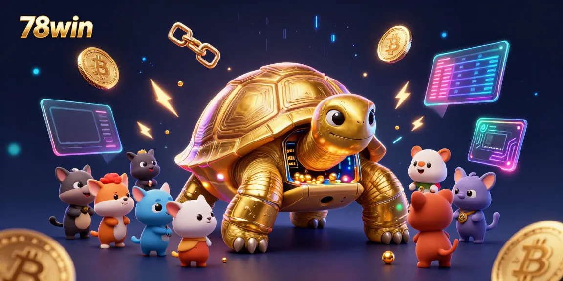 Engage with 78win's thrilling casino scene featuring a colossal tortoise pinball machine and vibrant crypto elements.
