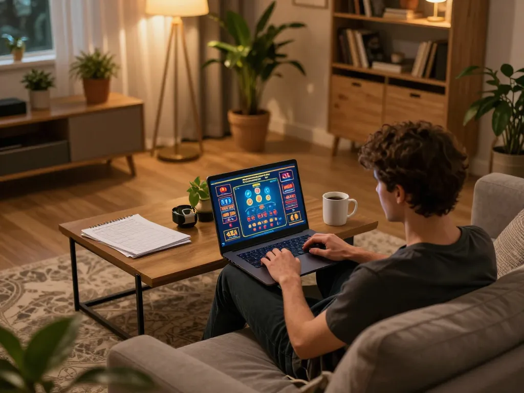 Engaged player using 888b online casino on laptop in a cozy home setting
