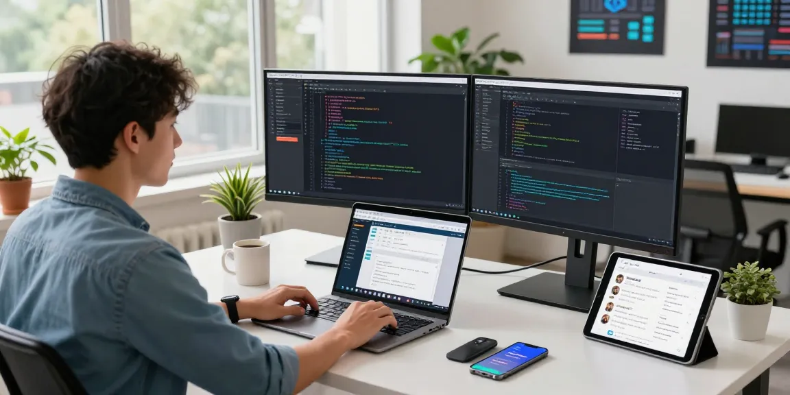 快连 software development workspace with a developer coding and analyzing network performance, surrounded by tech gadgets.