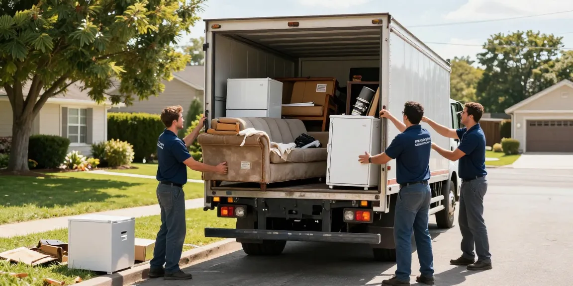 Affordable Junk Removal Vancouver team efficiently loading unwanted items into a truck in a sunny suburban garden.