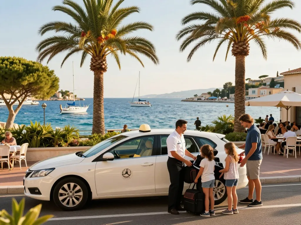 Service de taxi de luxe à Saint-Tropez avec St Tropez Ride, accueillant une famille au port.