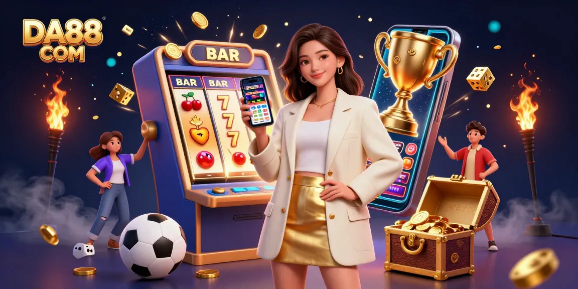 Engage with DA88 COM for exciting sports betting and casino action in a vibrant illustration.