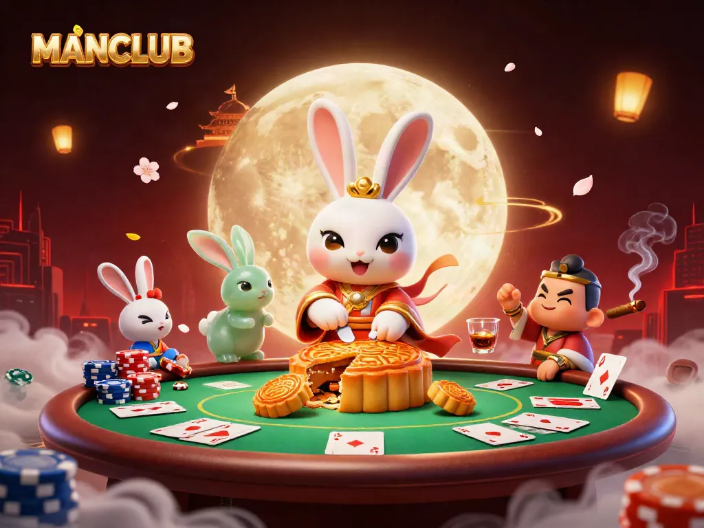 MANCLUB showcases a playful 3D illustration of a moon rabbit at a poker table with vibrant gaming elements.