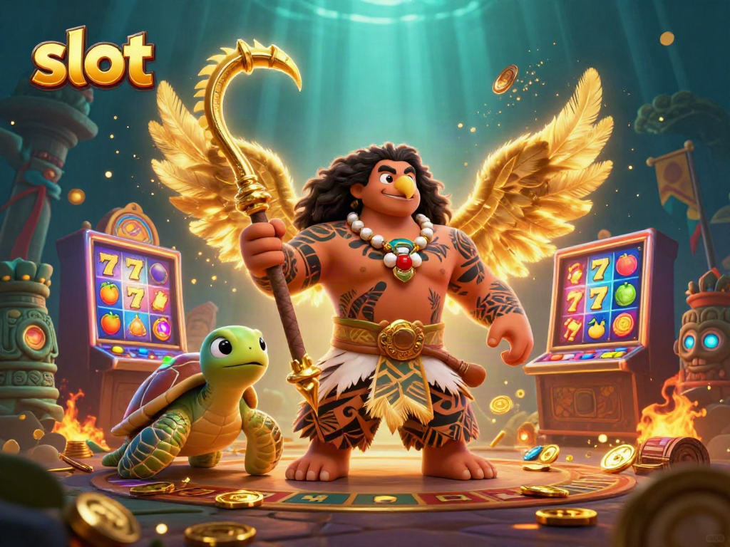 Engage with slot gaming excitement featuring a tribal-themed 3D hawk and turtle in a vibrant casino scene.