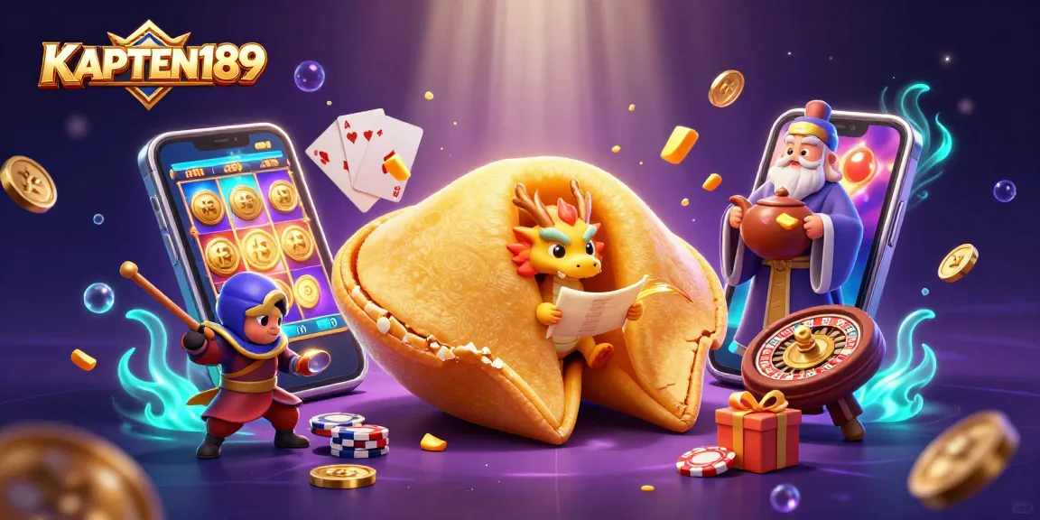 KAPTEN189 menampilkan ilustrasi kasino 3D dengan kue keberuntungan dan naga bijak, dikelilingi elemen slot