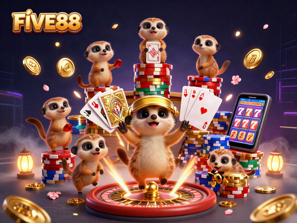 Experience an engaging FIVE88 casino scene with meerkats, chips, and dynamic game elements.