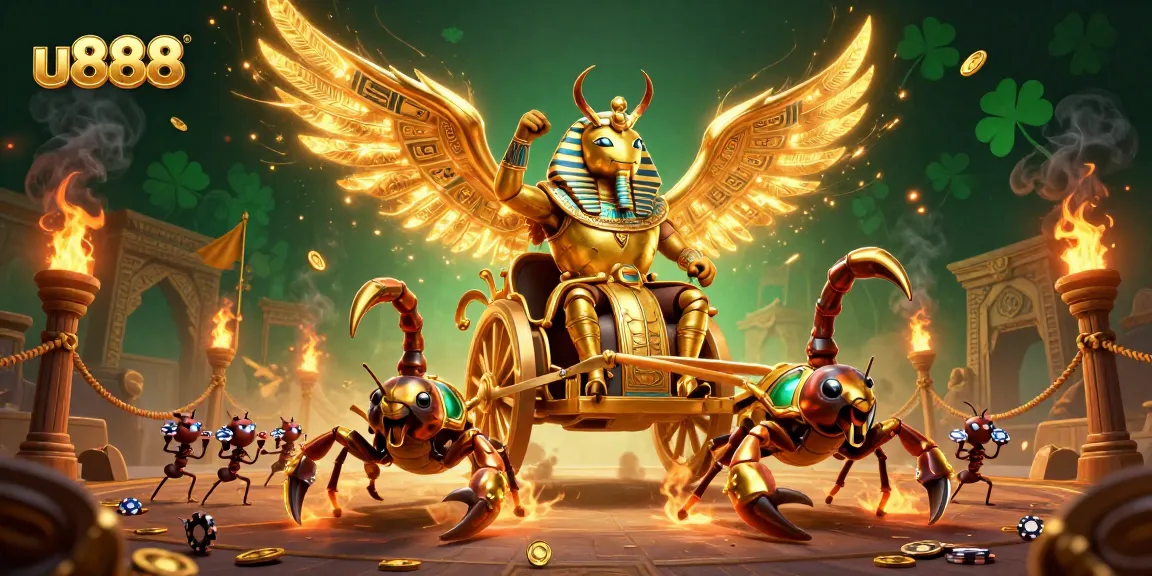 Experience electrifying action at u888 Casino with golden scarab beetles, thrilling games, and vibrant animations.