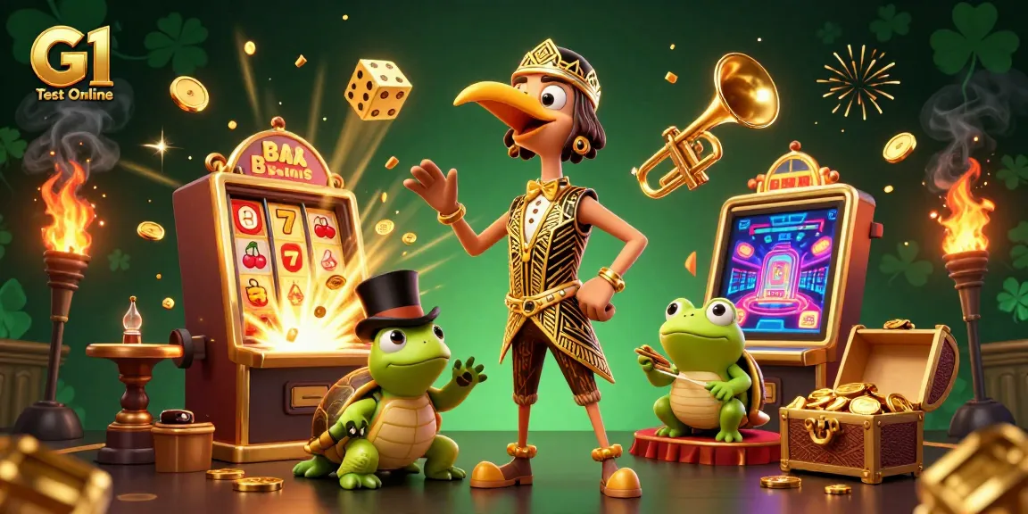 Engage with G1 Test Online in this vibrant casino-themed illustration featuring unique characters and gaming elements.