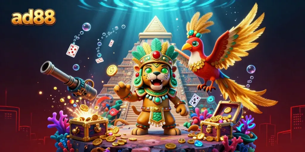 ad88 casino illustration with Mayan jaguar priest and treasure elements, showcasing vibrant gaming atmosphere.
