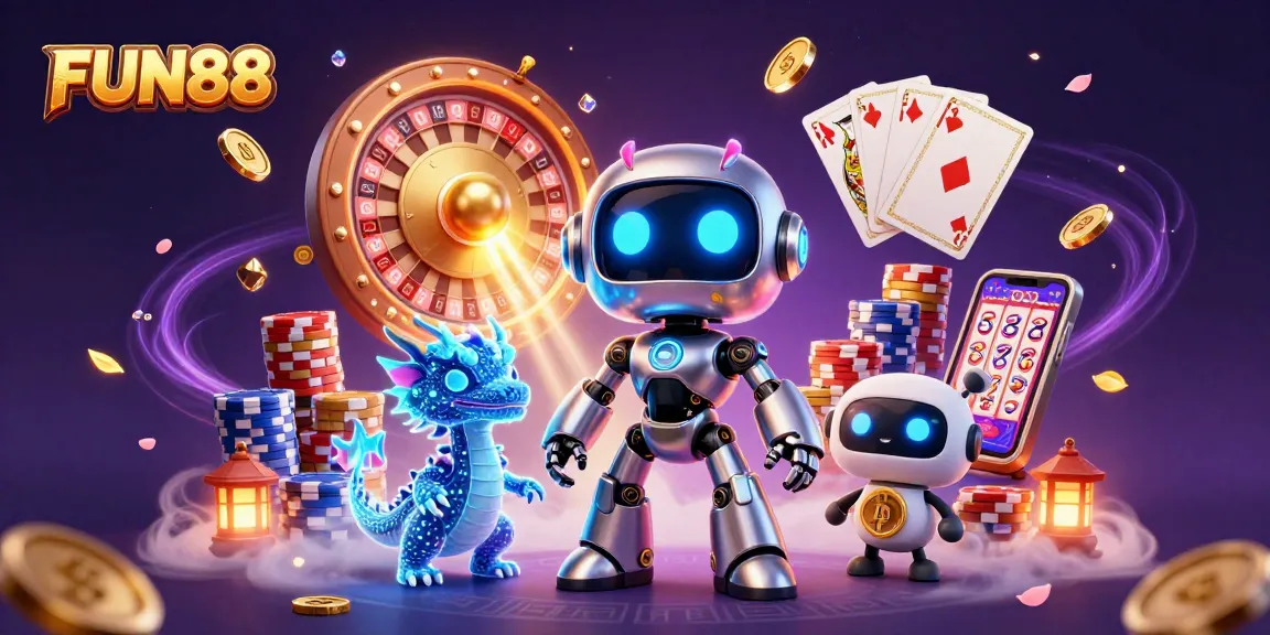 Engage in thrilling casino experiences with FUN88's lively 3D digital illustration featuring exciting gaming elements.
