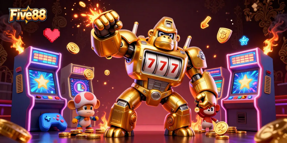 Experience the excitement of Five88, where golden gorilla mechs meet vibrant casino gaming elements in a thrilling 3D explosion.