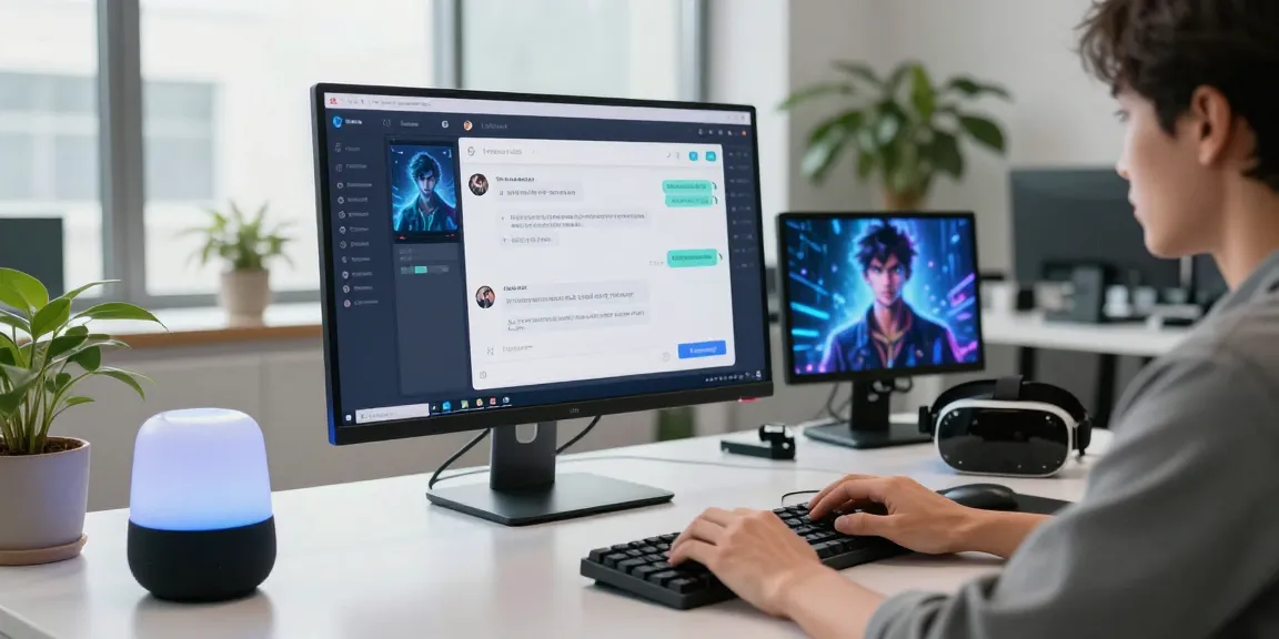 Engaging with crushon ia chatbot in a modern tech workspace filled with AI character visuals and futuristic gadgets.