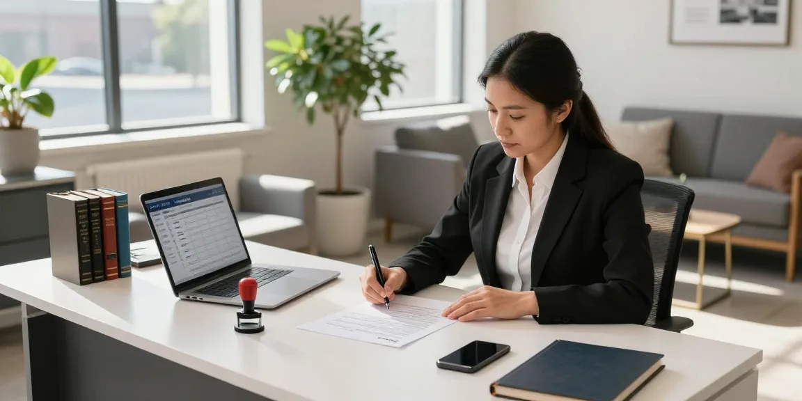 Notary Brampton providing professional services in a modern office environment, reviewing legal documents with a notary seal and laptop.