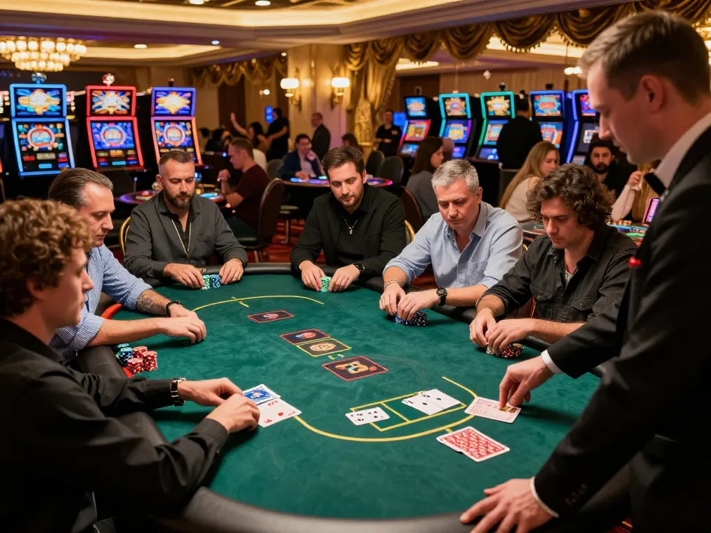 Players engaging in a high-stakes poker game at 9bet casino, capturing the excitement and focus