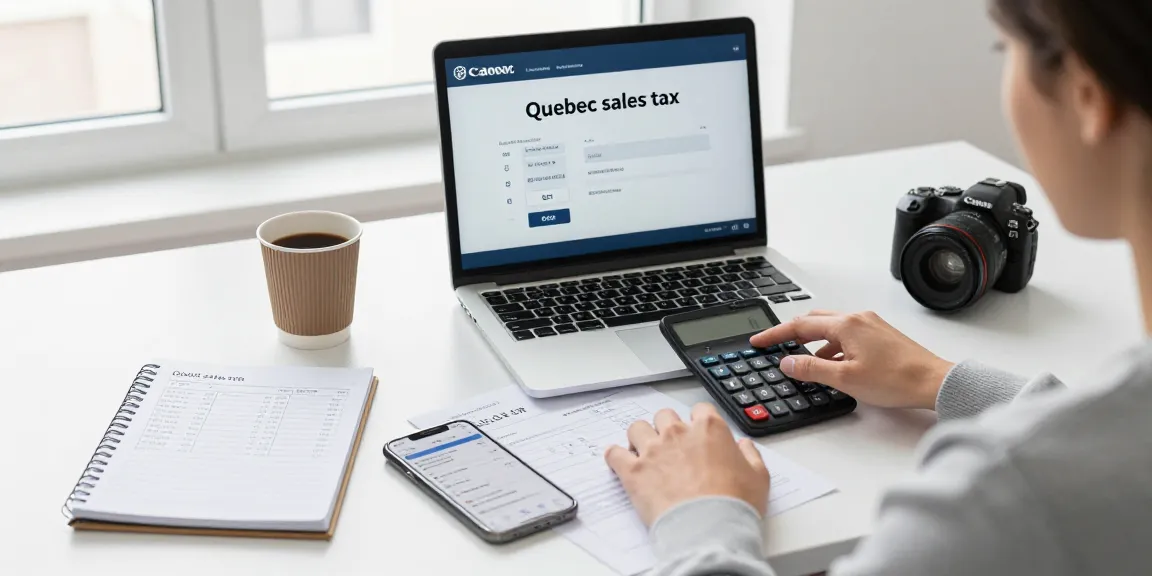 Efficient use of quebecsalestaxcalculator.ca at a modern desk while calculating sales tax.