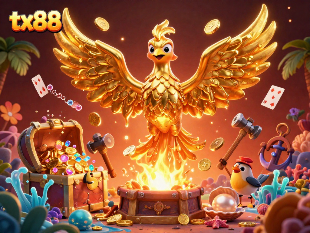 Experience dynamic gaming with tx88's golden phoenix flushing coins, surrounded by vibrant casino elements.