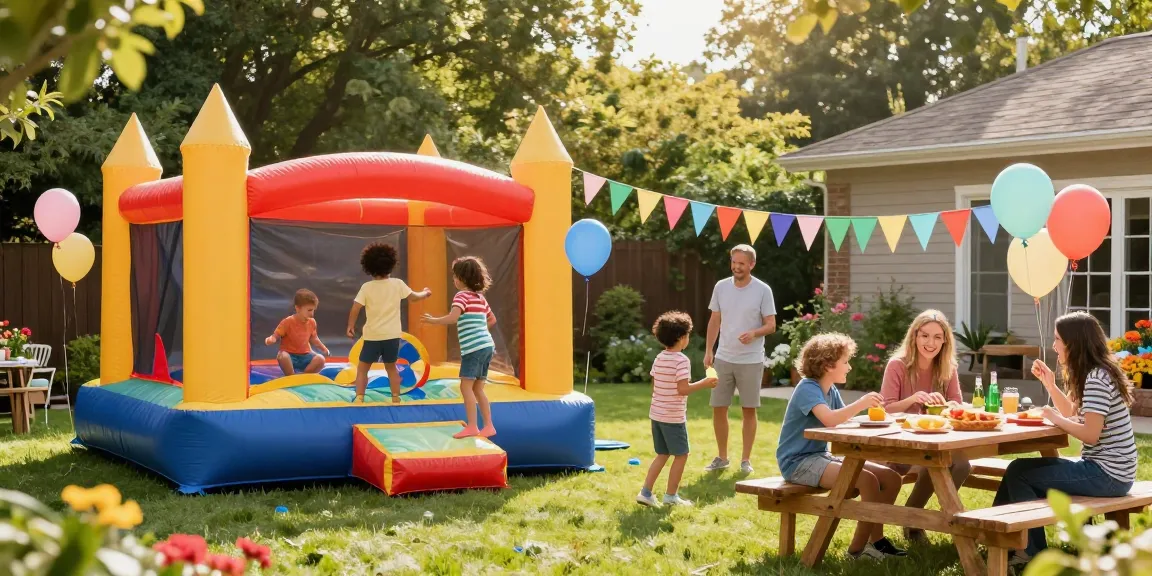 Children enjoying a bounce house at a lively outdoor party.