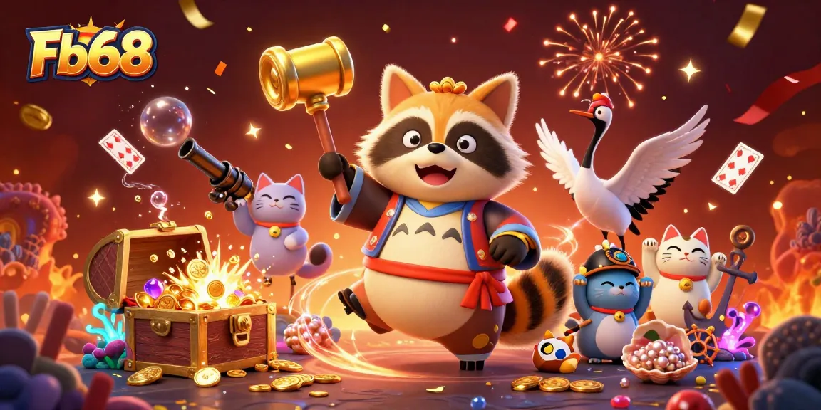 Experience the vibrant world of Fb68 with colorful casino elements featuring cheerful tanuki and festive designs.