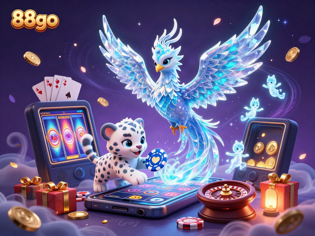 Experience the thrill of 88go casino with an ice phoenix, snow leopard, and glowing sprites in a vibrant gambling scene.